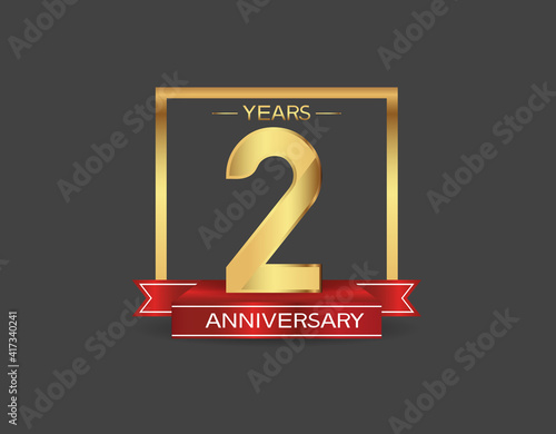 2 years anniversary logo style with golden square and red ribbon isolated on black background for celebration moment