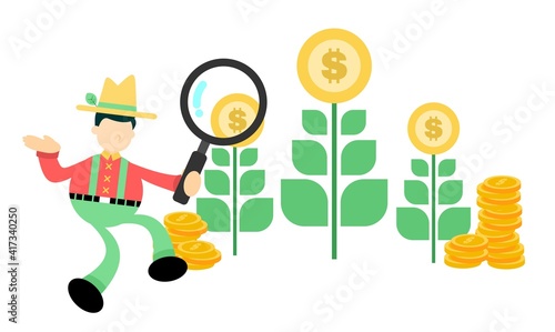 farmer man and gold coin money dollar garden cartoon doodle flat design style vector illustration