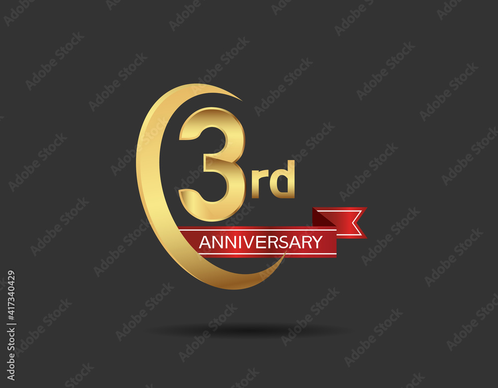 3 years anniversary logo style with swoosh ring golden color and red ribbon isolated on black background for company celebration 3 years anniversary logo style with swoosh ring golden color and red ribbon isolated on black background for company celebration
