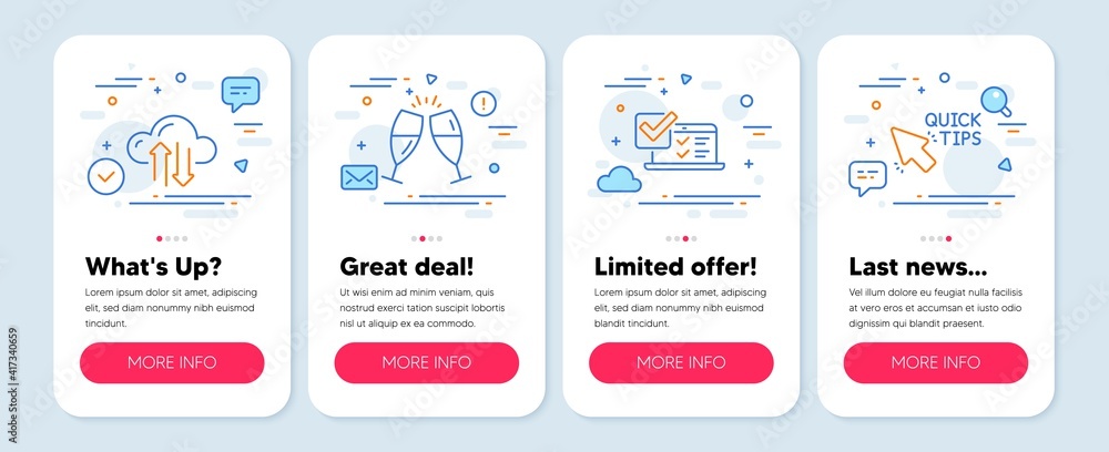 Set of Business icons, such as Cloud sync, Champagne glasses, Online survey symbols. Mobile screen banners. Quick tips line icons. Synchronize storage, Chin-chin, Quiz test. Helpful tricks. Vector