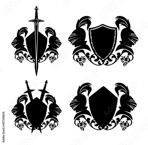 medieval style knight warrior coat of arms - black and white vector outline of helmet, swords and rose flowers with heraldic shield