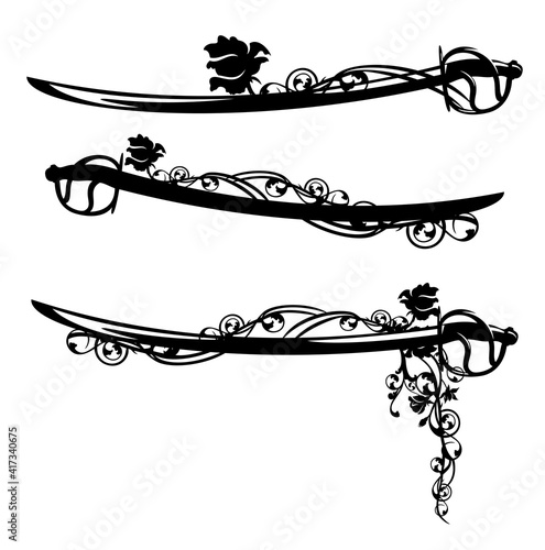 sabre sword blade entwined with rose flowers black and white vector silhouette and outline design set