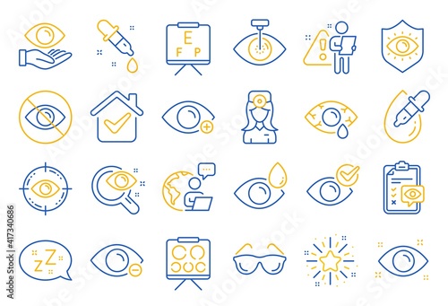 Optometry, Eye doctor line icons. Medical laser surgery, glasses and eyedropper. Pink eye, Cataract surgery and allergy icons. Vision exam problem, optician board, oculist chart. Line icon set. Vector