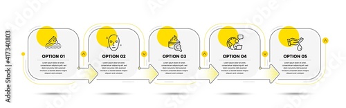Collagen skin, Wash hands and Health skin line icons set. Timeline process flowchart. Clean face, Face cream. Beauty set. Infographics timeline banner. 5 steps plan diagram. Vector