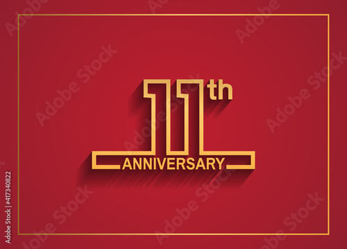 11 anniversary design with simple line style golden color isolated on red background