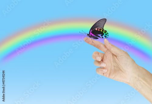 Butterflies are the Flowers of the Sky - beautiful rainbow coloured butterfly sitting on a human finger against a wide blue sky with a massive arcing rainbow and space for copy
