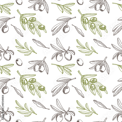 Seamless pattern with  olive branches and fruits for Italian cuisine design, extra virgin oil food, cosmetic product packaging wrapper.