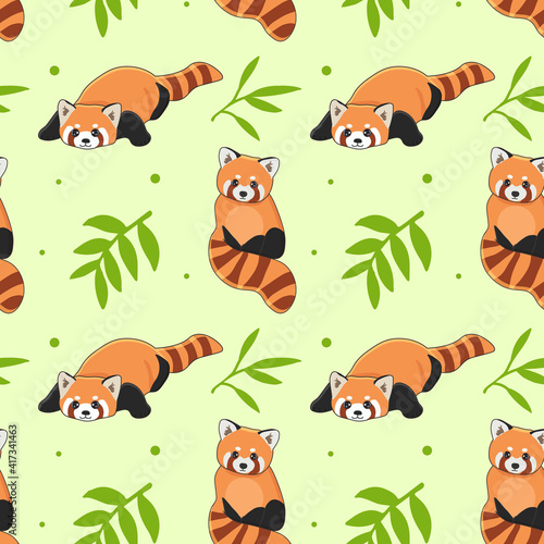 Seamless pattern of cute red panda and bamboo. Cartoon design animal character flat vector style. Texture for fabric, wrapping, textile, wallpaper, clothing.
