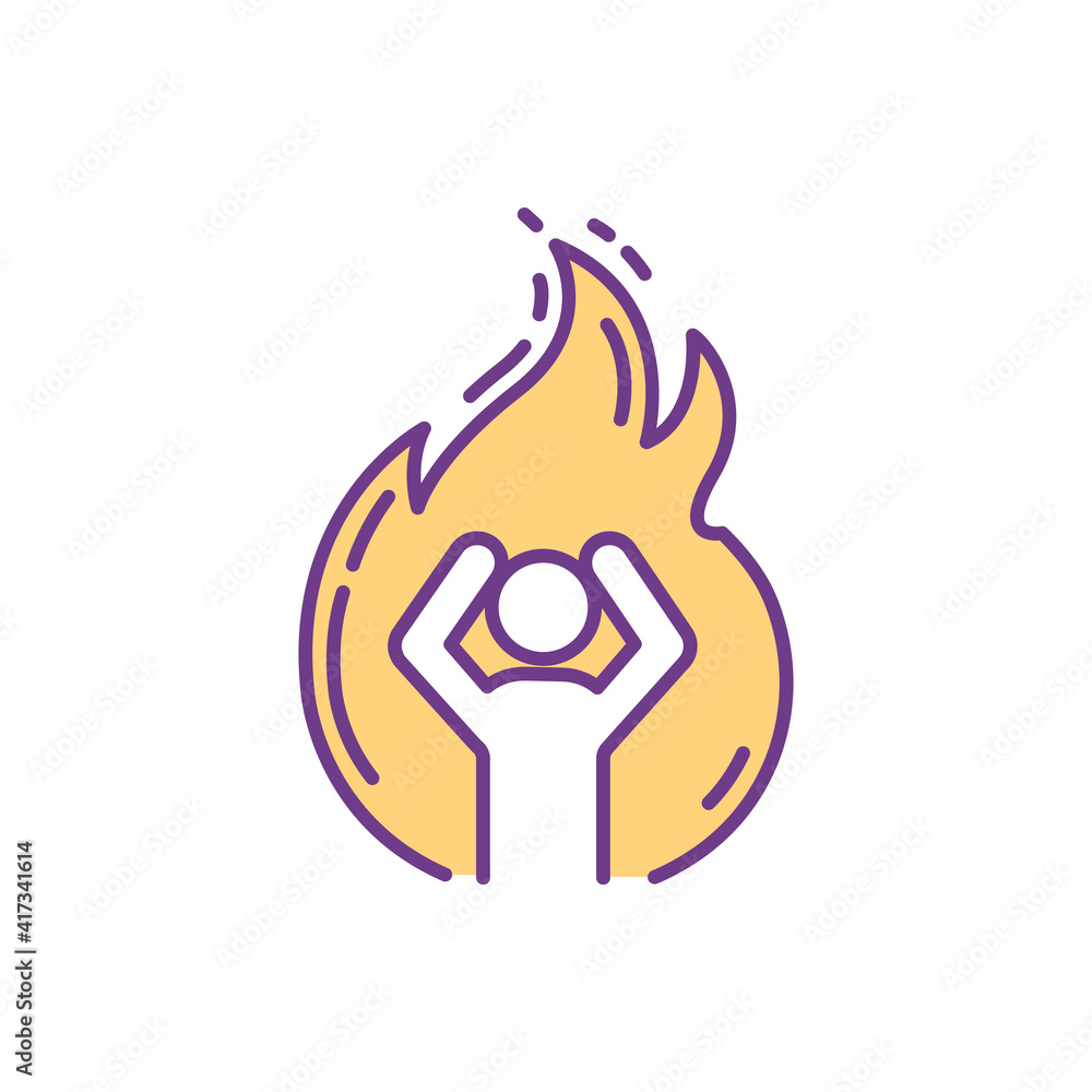 Emotional overwhelm RGB color icon. Intense negative emotions. High confusion and anxiety levels. Stress breaking point. Anger, irritability. Overwhelming dread feeling. Isolated vector illustration