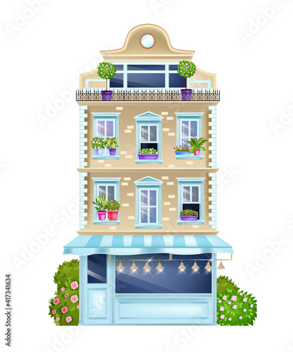 Vintage building facade, old Paris house front view illustration with classic windows, bushes, shop showcase. Old town architecture design element, cottage. House outdoors spring street facade