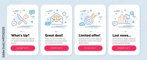 Set of Business icons, such as Food, Web mail, Target symbols. Mobile app mockup banners. Decreasing graph line icons. Cutlery, World communication, Targeting. Column chart. Food icons. Vector