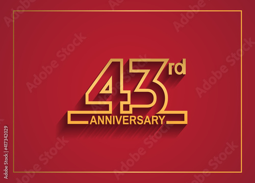 43 anniversary design with simple line style golden color isolated on red background