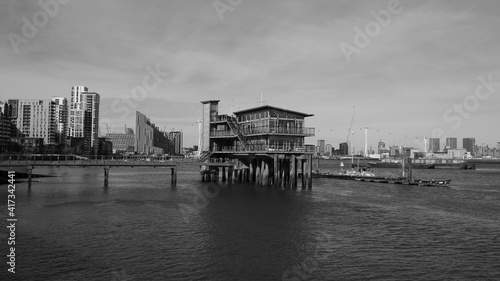 Greenwich Yacht Club on river Thames east London black and white 