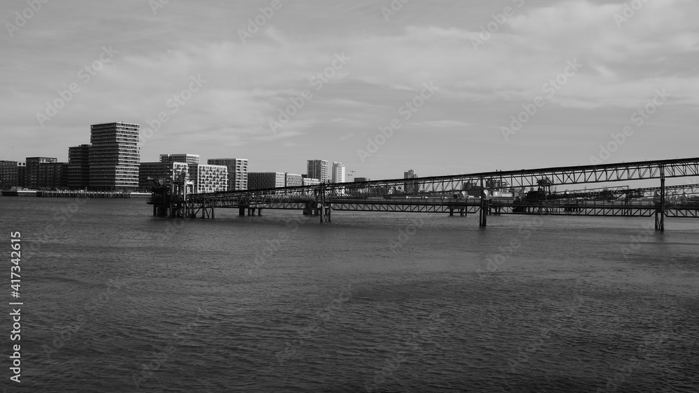 Aggregate Transporters River Thames Greenwich London Black and White