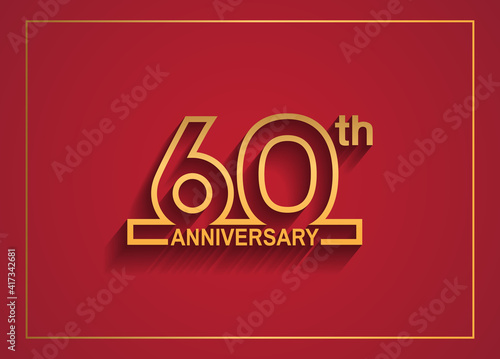 60 anniversary design with simple line style golden color isolated on red background