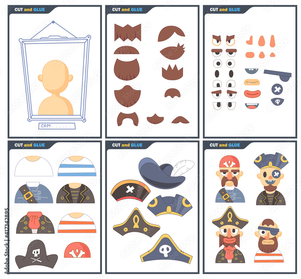 Funny portraits of pirates.. Education paper game for preshool children. Cut parts of the image and glue on the paper. Vector illustration. Cut and Glue Game.