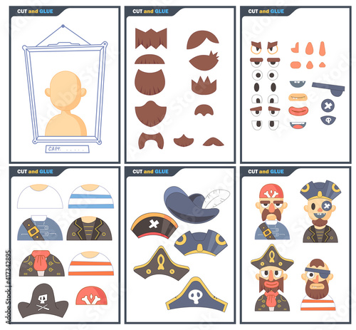 Funny portraits of pirates.. Education paper game for preshool children. Cut parts of the image and glue on the paper. Vector illustration. Cut and Glue Game.