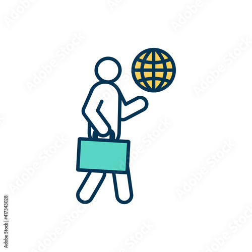 Business traveller RGB color icon. Journey for professional duties fulfilling. Corporate travel. Wifi access during journey abroad. Travel for business purposes. Isolated vector illustration