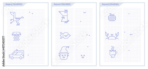 Connect dots with straight lines and draw icon. Worksheet for children coloring book. Repeat the image by example. Educational game for attention for children of kindergarten and preschool age.