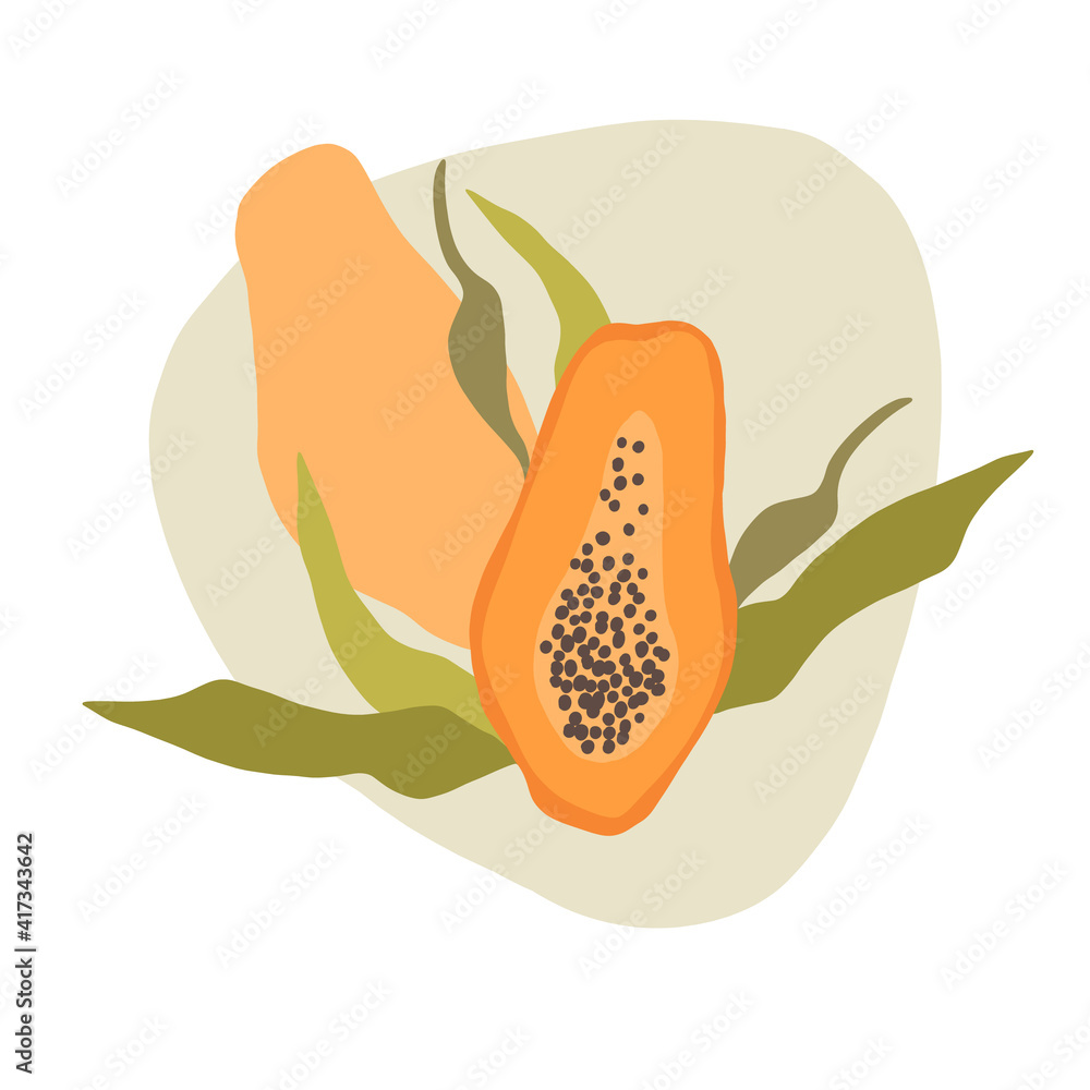 Illustration of papaya fruit with green leaves Illustration of papaya fruit with green leaves
