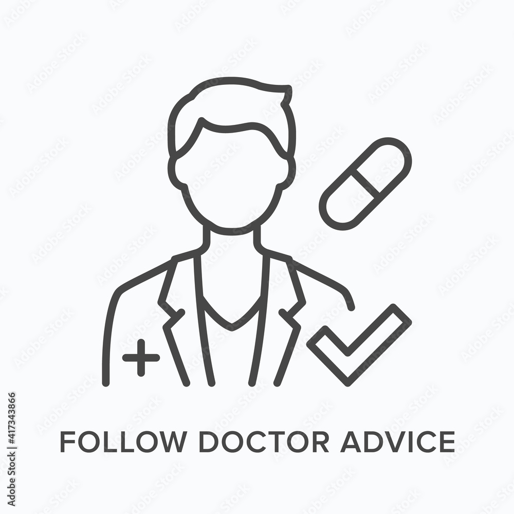 Follow doctor advice flat line icon. Vector outline illustration of person and capsule. Black thin linear pictogram for medical assistant