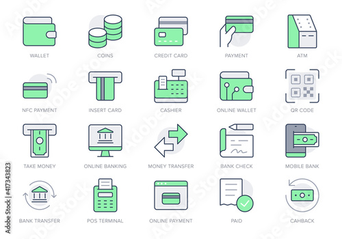 Finance operations simple line icons. Vector illustration with minimal icon - banking, credit card, contacless payment, swift, cash, atm, cashier pictogram. Green Color, Editable Stroke