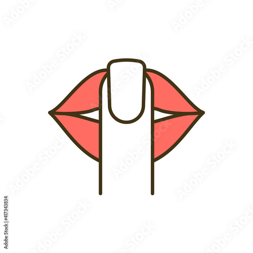 Being quiet person RGB color icon. Keeping silence. Background noise and vibration reduction. Quiet time. Avoiding loud talking and meaningless conversations. Isolated vector illustration