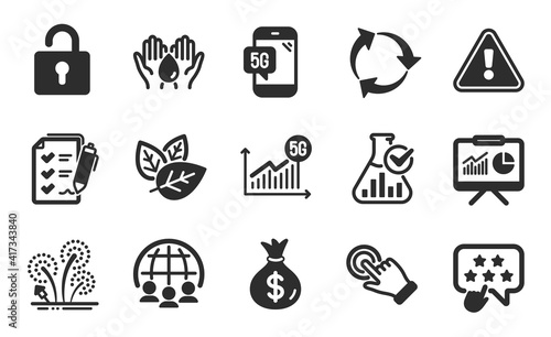 Ranking star, Survey checklist and Fireworks icons simple set. Presentation, Touchscreen gesture and Global business signs. Lock, Money bag and Organic tested symbols. Flat icons set. Vector