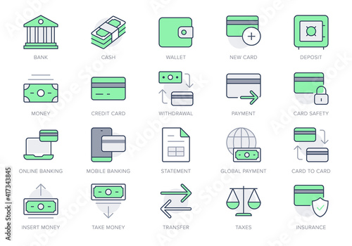 Finance banking simple line icons. Vector illustration with minimal icon - wallet, bunch cash, credit card, safe, , online transfer, account protection pictogram. Green Color, Editable Stroke