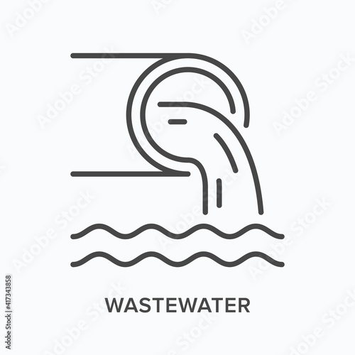 Wastewater flat line icon. Vector outline illustration of pipe and dirty water. Black thin linear pictogram for sewer tube