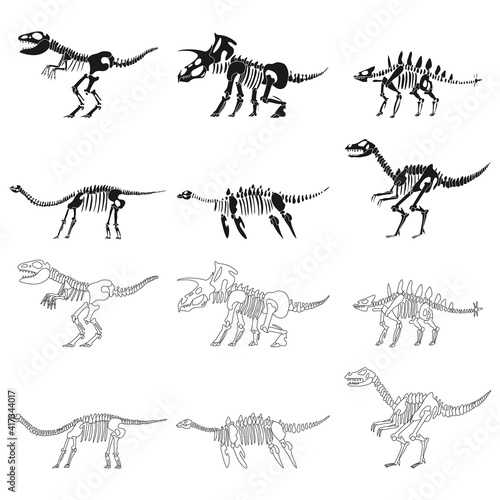 Dinosaur skeletons vector black silhouettes set isolated on a white background.
