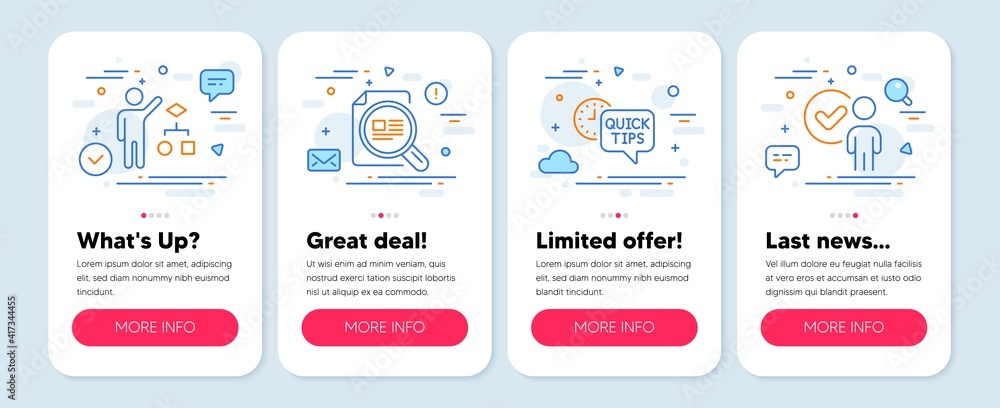 Set of Education icons, such as Check article, Algorithm, Quick tips symbols. Mobile screen app banners. Verification person line icons. Magnifying glass, Developers job, Helpful tricks. Vector