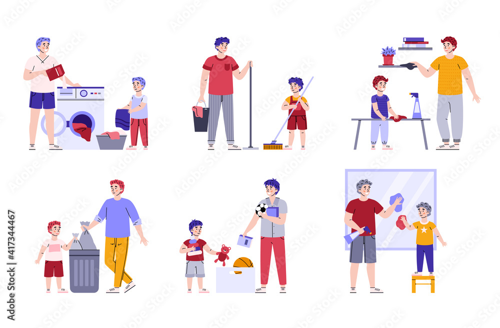 Cute child boy helping his father with household chores, cartoon vector illustration isolated on white background. Childrens responsibilities and housework.