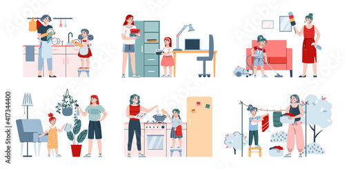 Set of mother and daughter characters busy with housework, cartoon vector illustration isolated on white background. Girl helping her mother with household chores.