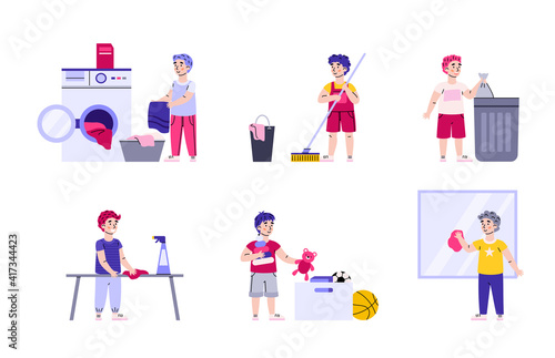 Kids housework. Boy clean room and window, washing floor, wipe dust, collect toys and throw away garbage. Set of cartoon child characters doing household. Flat vector illustrations © Kudryavtsev