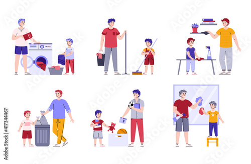 Cute child boy helping his father with household chores, cartoon vector illustration isolated on white background. Childrens responsibilities and housework.
