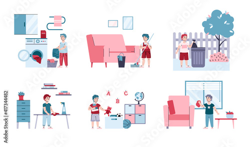 Boy housework. Kid clean room and window, washing floor, wipe dust, collect toys and throw away garbage. Set of cartoon child characters doing household. Flat vector illustrations.