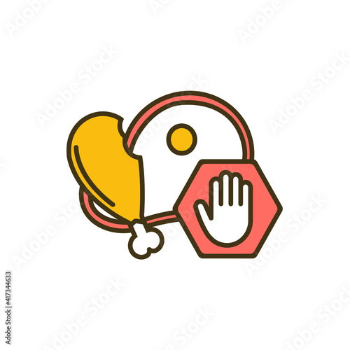 Overeating prevention RGB color icon. Binge eating disorder. Expanding normal portion size. Weight gaining and obesity risk. Unhealthy habits. Expanded stomach. Isolated vector illustration
