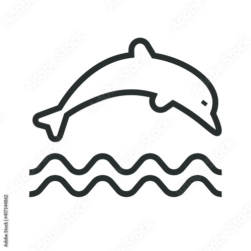 Vector illustration of summer holidays attributes on background. A jumping dolphin icon.	