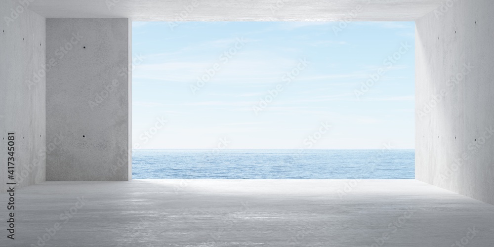 Abstract empty, modern concrete room with big opening with ocean view and sun on the back wall and rough floor - industrial interior background template