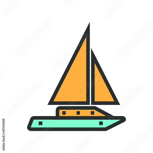 Vector illustration of summer holidays attributes on background. A sailing ship or boat.	