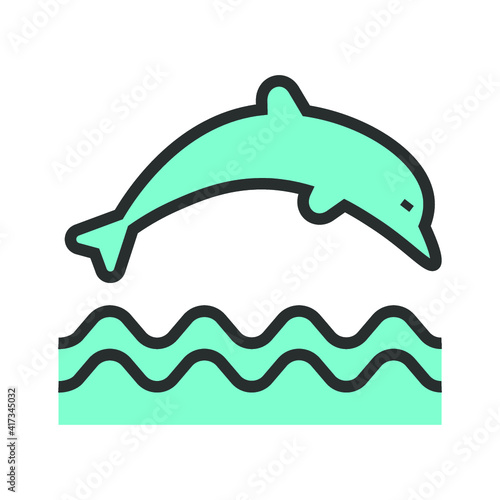 Vector illustration of summer holidays attributes on background. A jumping dolphin icon.	