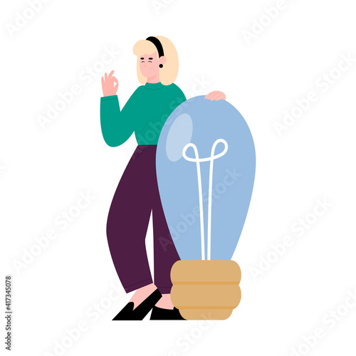 Woman with giant electric bulb as metaphor of successful business idea, cartoon vector illustration isolated on white background. Crowdfunding project and startup.