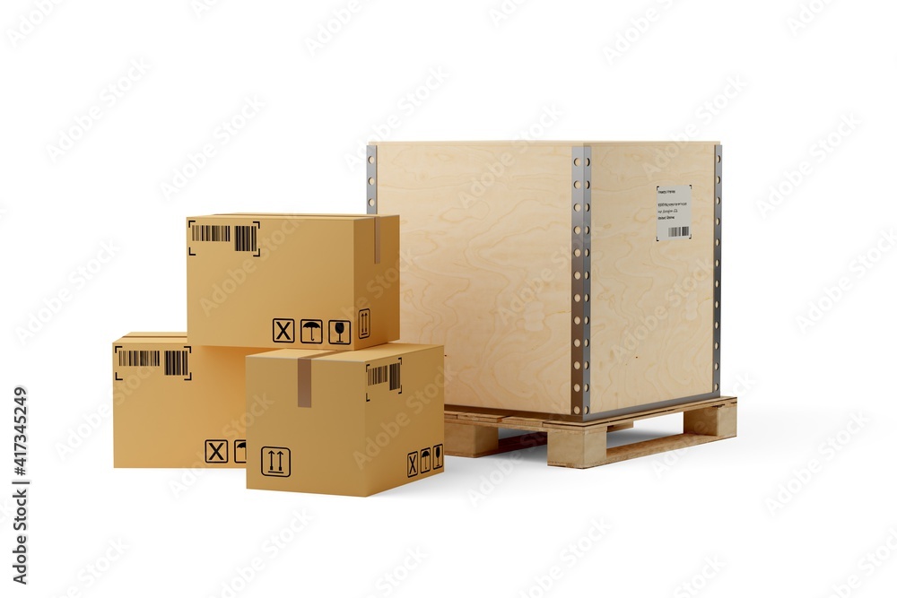 Single wooden transportation crate on wooden pallet and carton cardboard boxes over white background, freight, cargo, delivery or storage concept Single wooden transportation crate on wooden pallet and carton cardboard boxes over white background, freight, cargo, delivery or storage concept