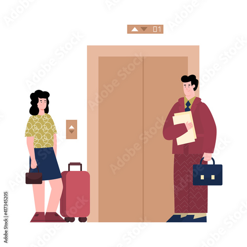 Hotel administrator or receptionist accompanies the guest to room, cartoon vector illustration isolated on white background. Hotel staff accommodates the guest at hotel.
