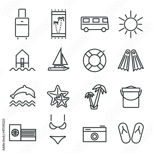 Vector illustrations set of summer holidays icons: suitcase, towel, bus, sun, building, ship, lifebuoy, flippers, dolphin, starfishes, palms, bucket, documents, swimmingsuit, camera.