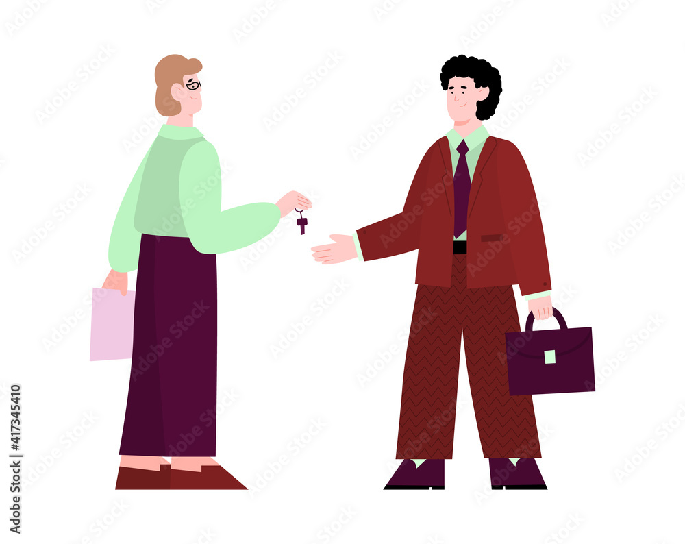 Man seller or manager hands over the keys to client or buyer, cartoon vector illustration isolated on white background. Concept of sale conclusion and purchasing deal.