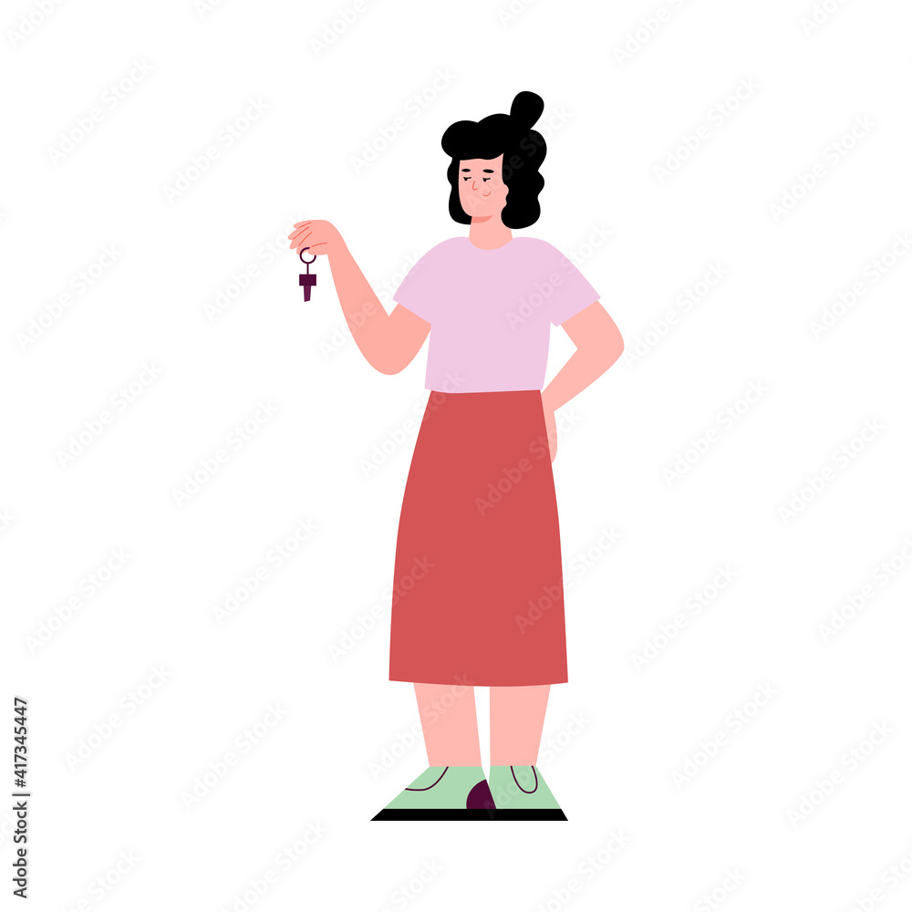 Woman cartoon character holding keys in hands, flat vector illustration isolated on white background. Woman happy with successful purchase or rental deal. Woman cartoon character holding keys in hands, flat vector illustration isolated on white background. Woman happy with successful purchase or rental deal.