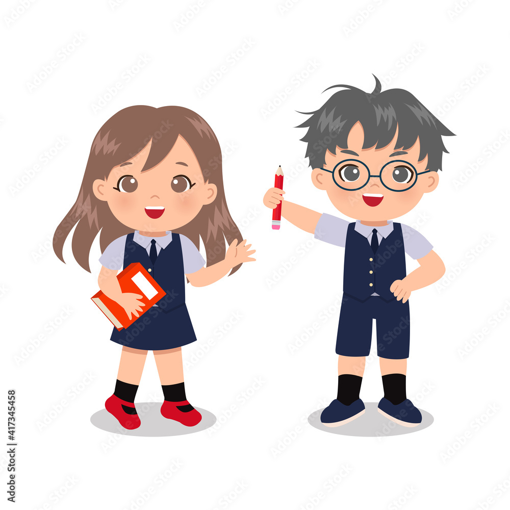 Cute boy and girl in school uniform. Educational clip art. Flat vector