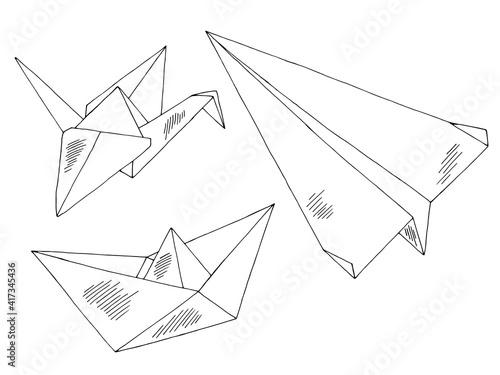 Origami paper ship airplane crane graphic black white isolated set sketch illustration vector